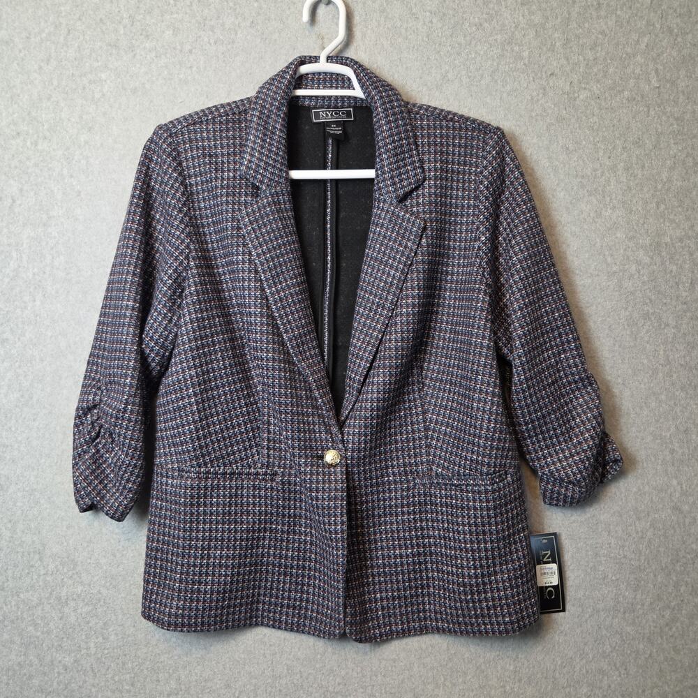 NWT NYCC Blue Boucle Tweed 3/4 Gathered Sleeve One Button Up Blazer Plus 2X